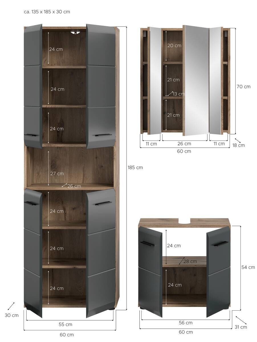 Badezimmer-Set Ice Nox Oak Nachbildung schwarz matt B/H/T: ca. 135x185x30 cm