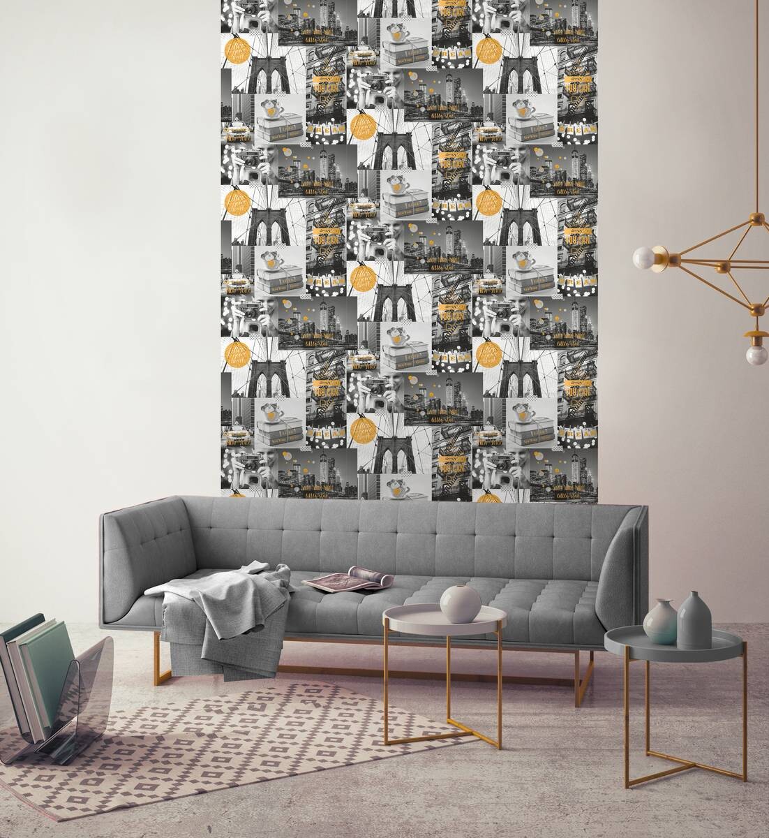 Papiertapete New York grau schwarz gelb B/L: ca. 53x1005 cm