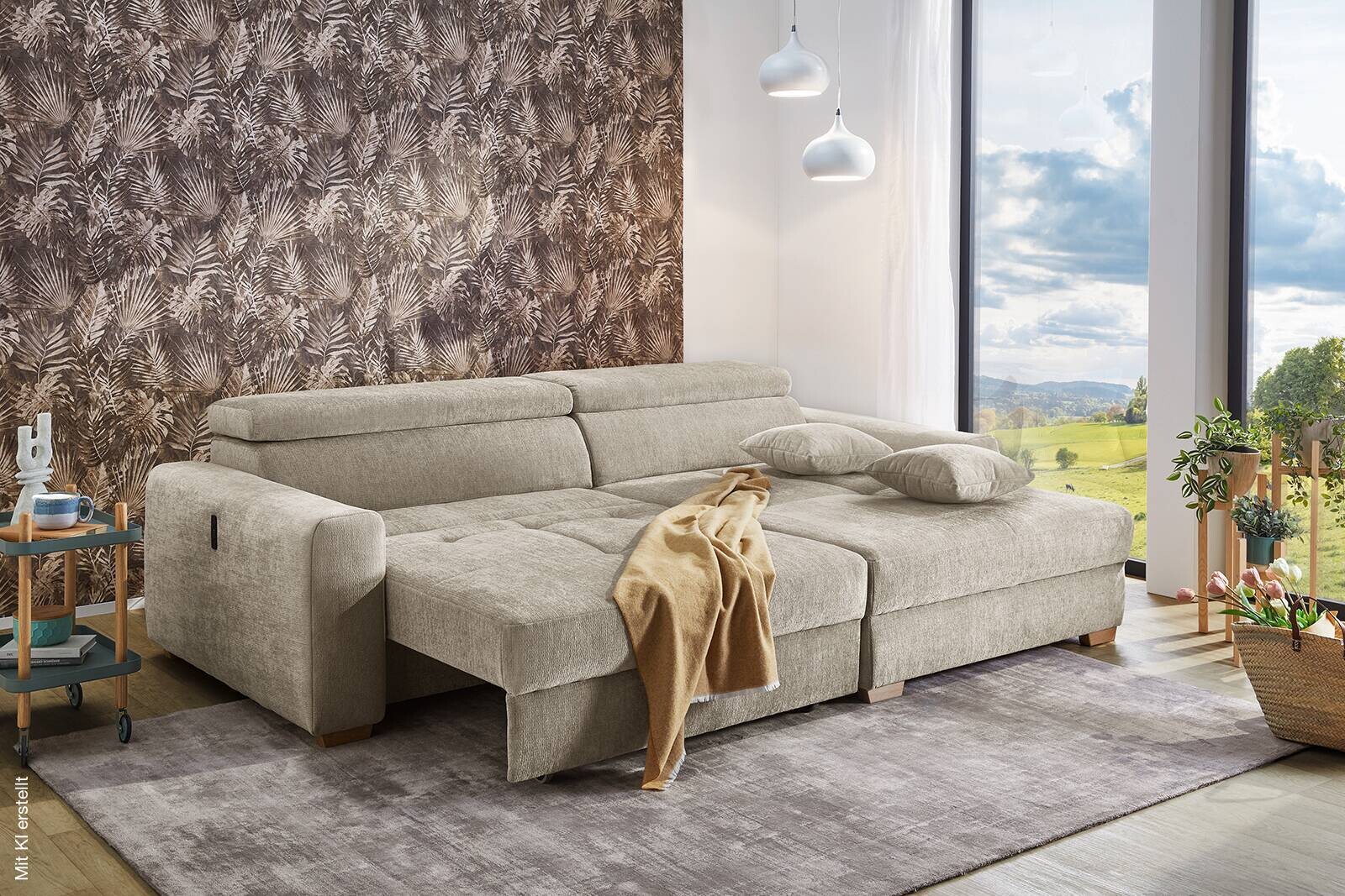 Ecksofa mit elektrischer XXL Sitztiefenverstellung beige Flachgewebe B/H/T: ca. 277x109x187 cm