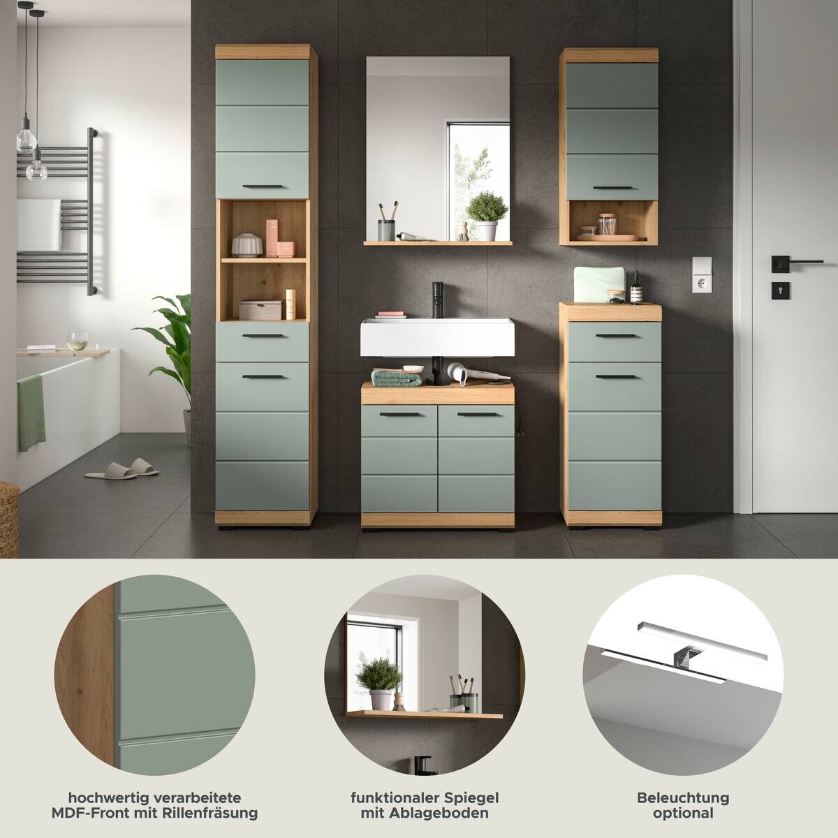Badezimmer-Set Scout Eiche Artisan Nachbildung salbei Nachbildung B/H/T: ca. 164x191x34 cm