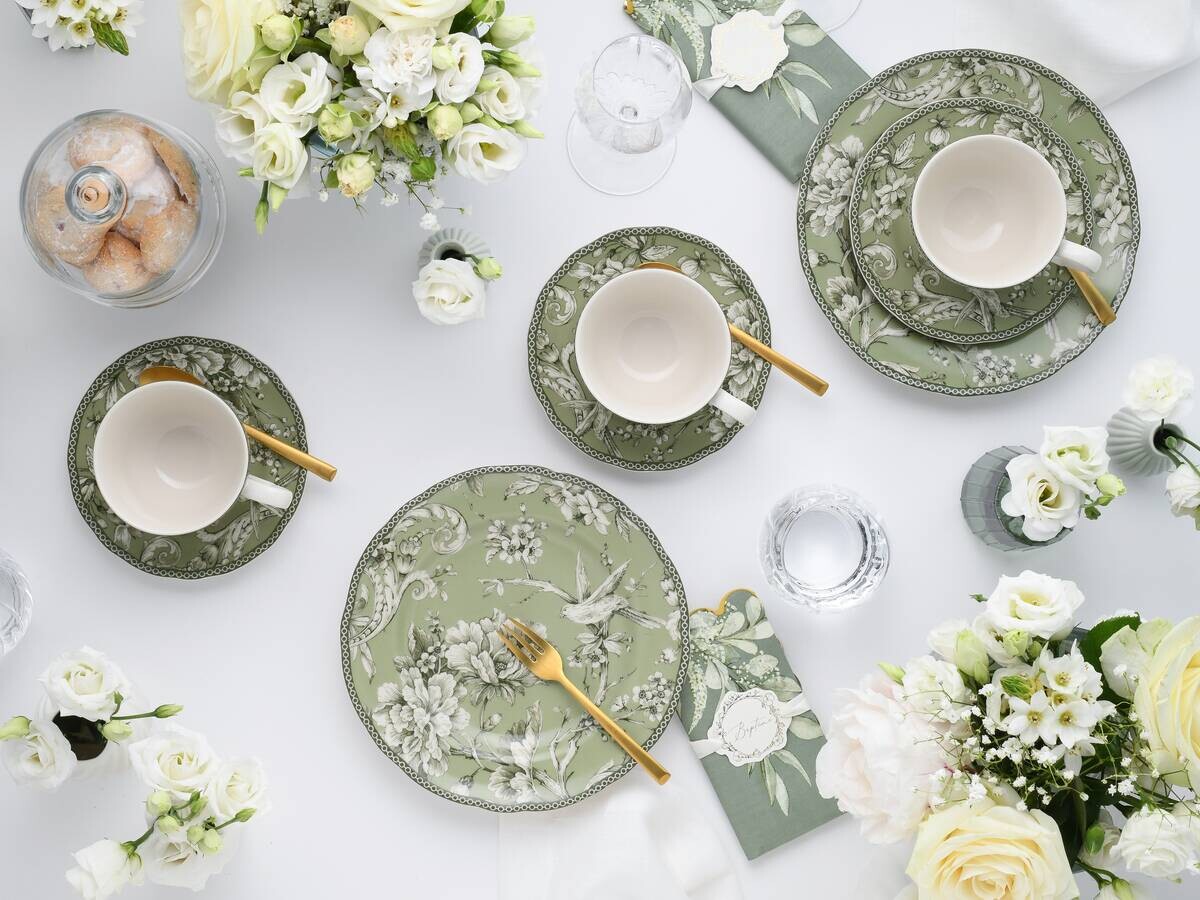 CreaTable Kaffeeservice Adelaide Grün weiß Porzellan 12 tlg.