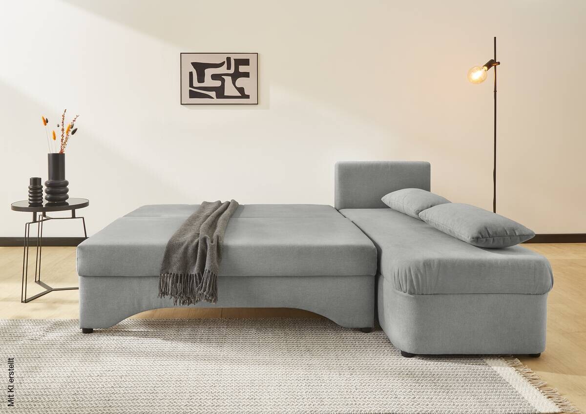 Ecksofa mit Bettfunktion und Bettkasten hellgrau Microfaser B/H/T: ca. 191x70x142 cm