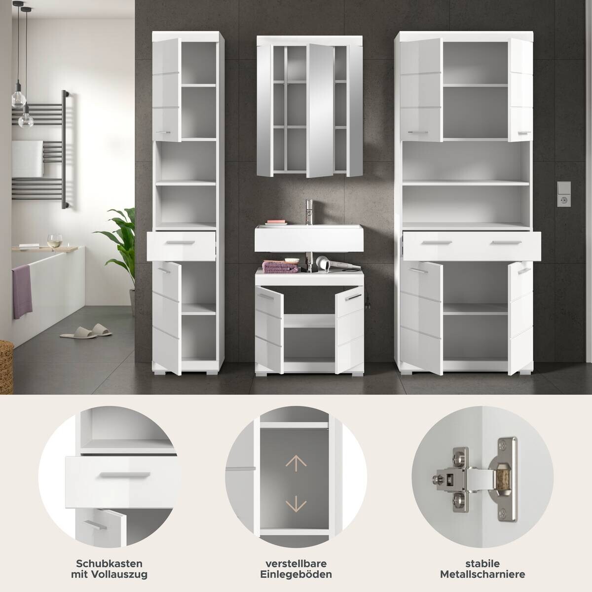 Badezimmer-Set Scout weiß weiß Hochglanz B/H/T: ca. 186x191x34 cm