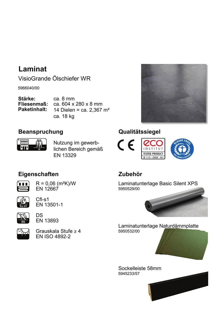 Visiogrande Laminatboden Ölschiefer ca. 2,367 m² im Paket B/L: ca. 28x60,4 cm pro Paket
