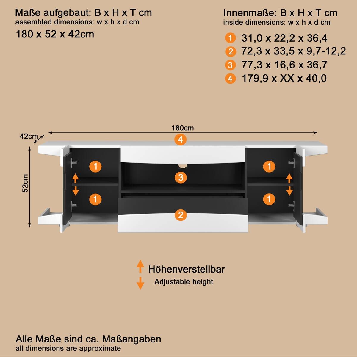 TV-Lowboard LevelUp Gaming weiß Lack matt schwarz Lack matt B/H/T: ca. 180x54x42 cm