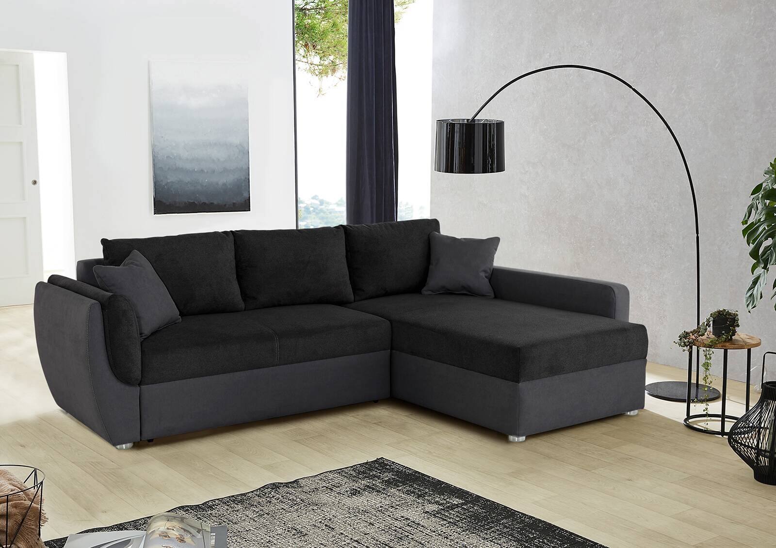 Ecksofa mit Bettfunktion und Bettkasten schwarz Polyester B/H/T: ca. 247x82x178 cm