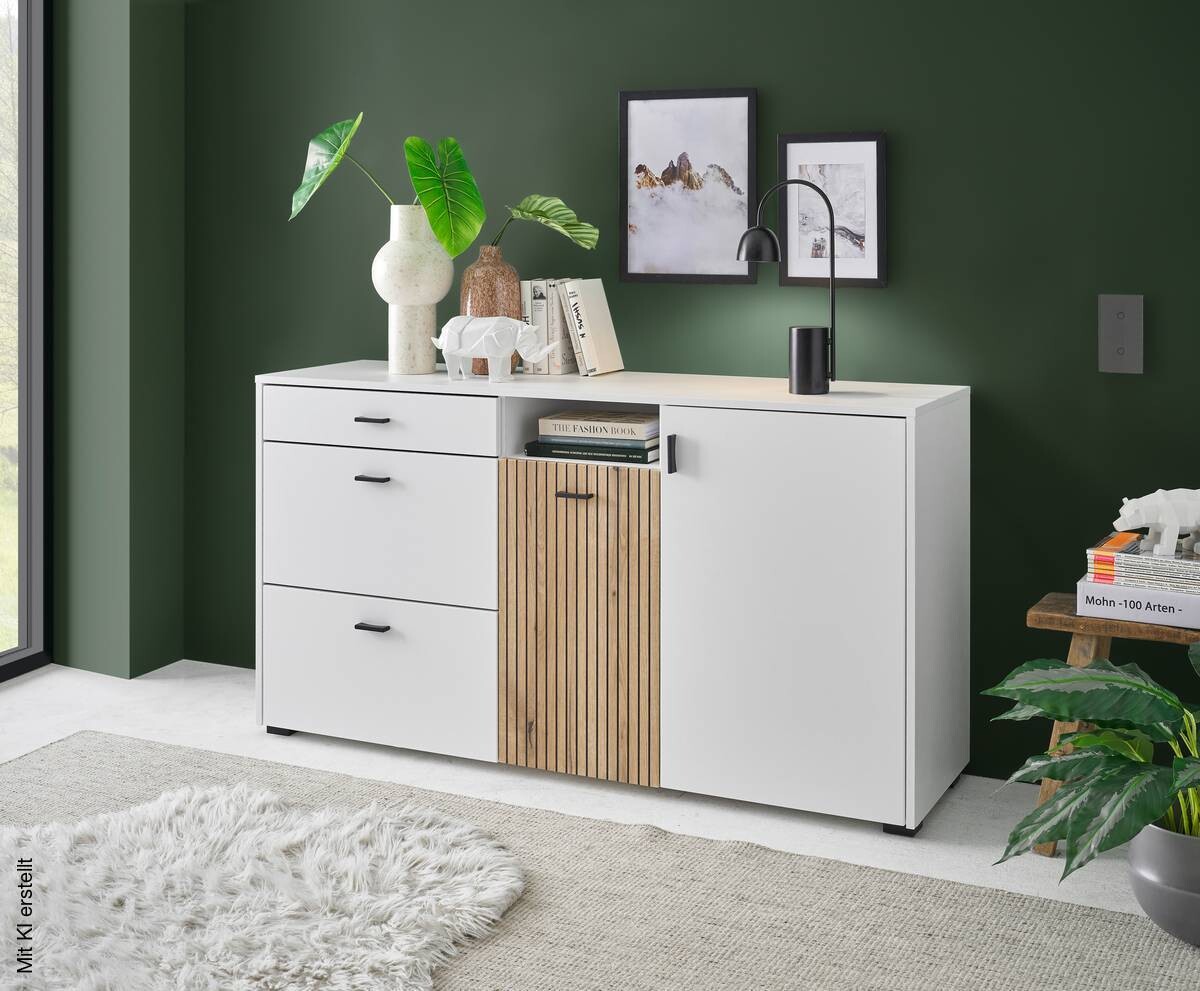 Sideboard Hudson weiß matt Eiche Evoke Coast Nachbildung B/H/T: ca. 150x22x21 cm