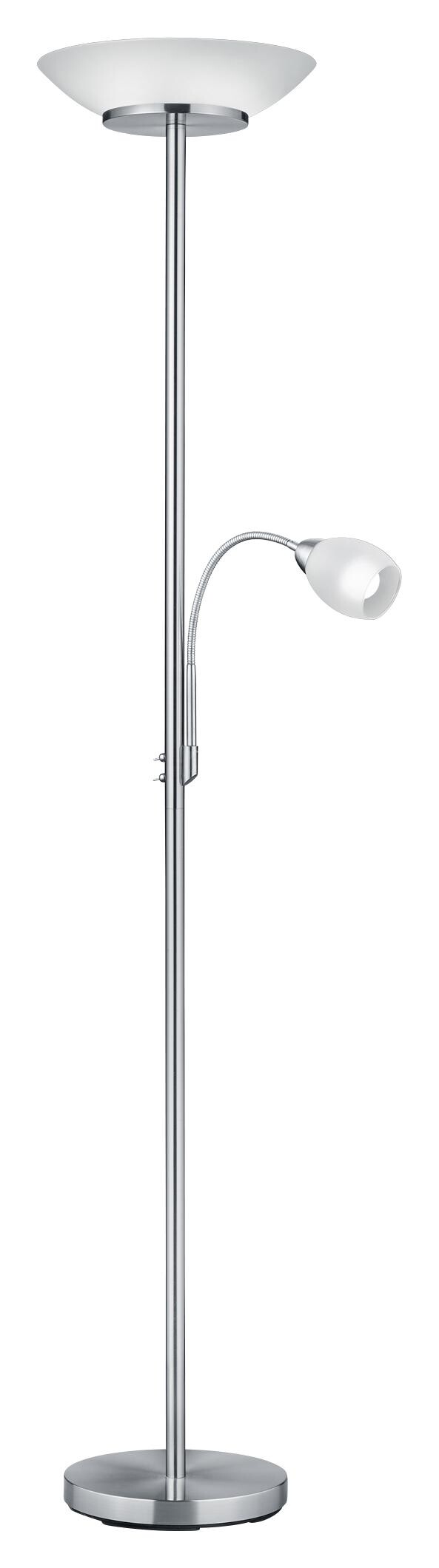 Reality Deckenfluter Gerry nickel matt weiß Metall Glas H/D: ca. 180x34 cm E27 2 Brennstellen