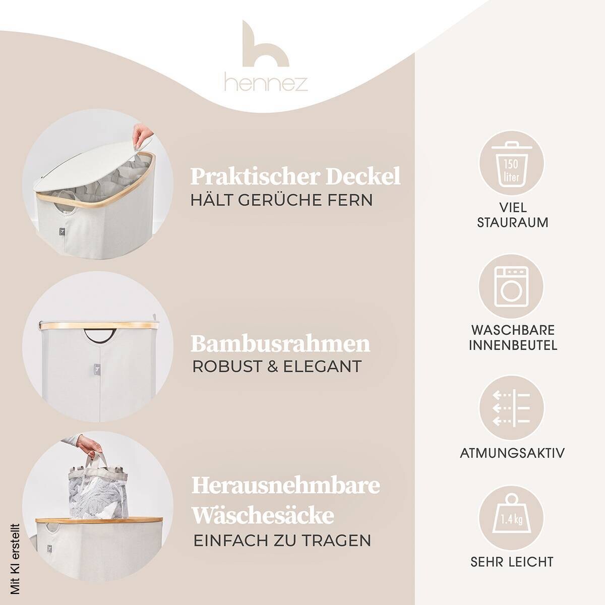 Wäschekorb beige Kunststoff B/H/L: ca. 36,5x67x61 cm