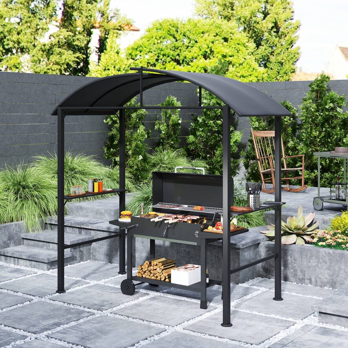 Outsunny Grillpavillon dunkelgrau Polyester B/H/L: ca. 110x235x233 cm