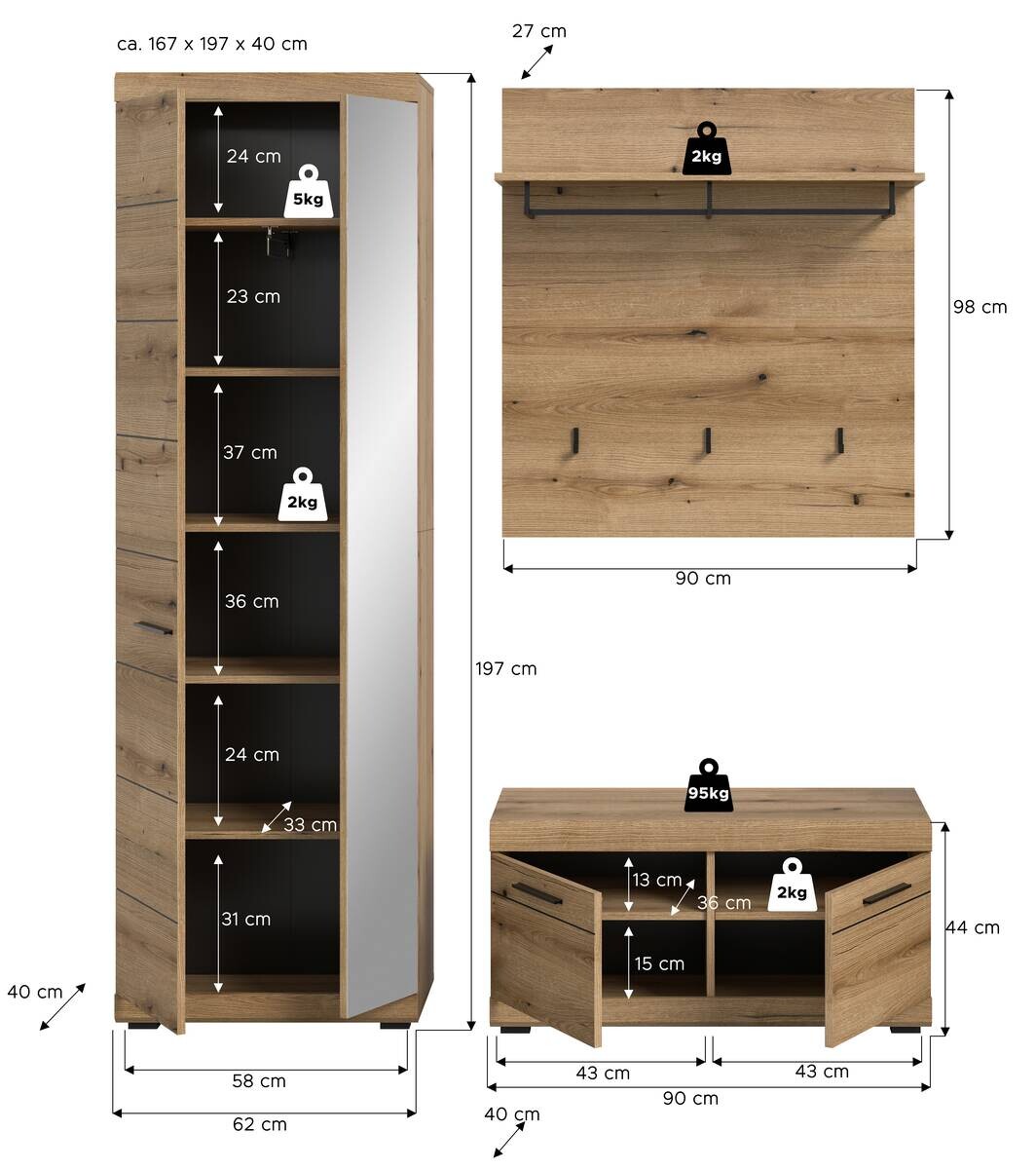 Garderobe SCOUT Evoke Oak Nachbildung B/H/T: ca. 167x197x40 cm