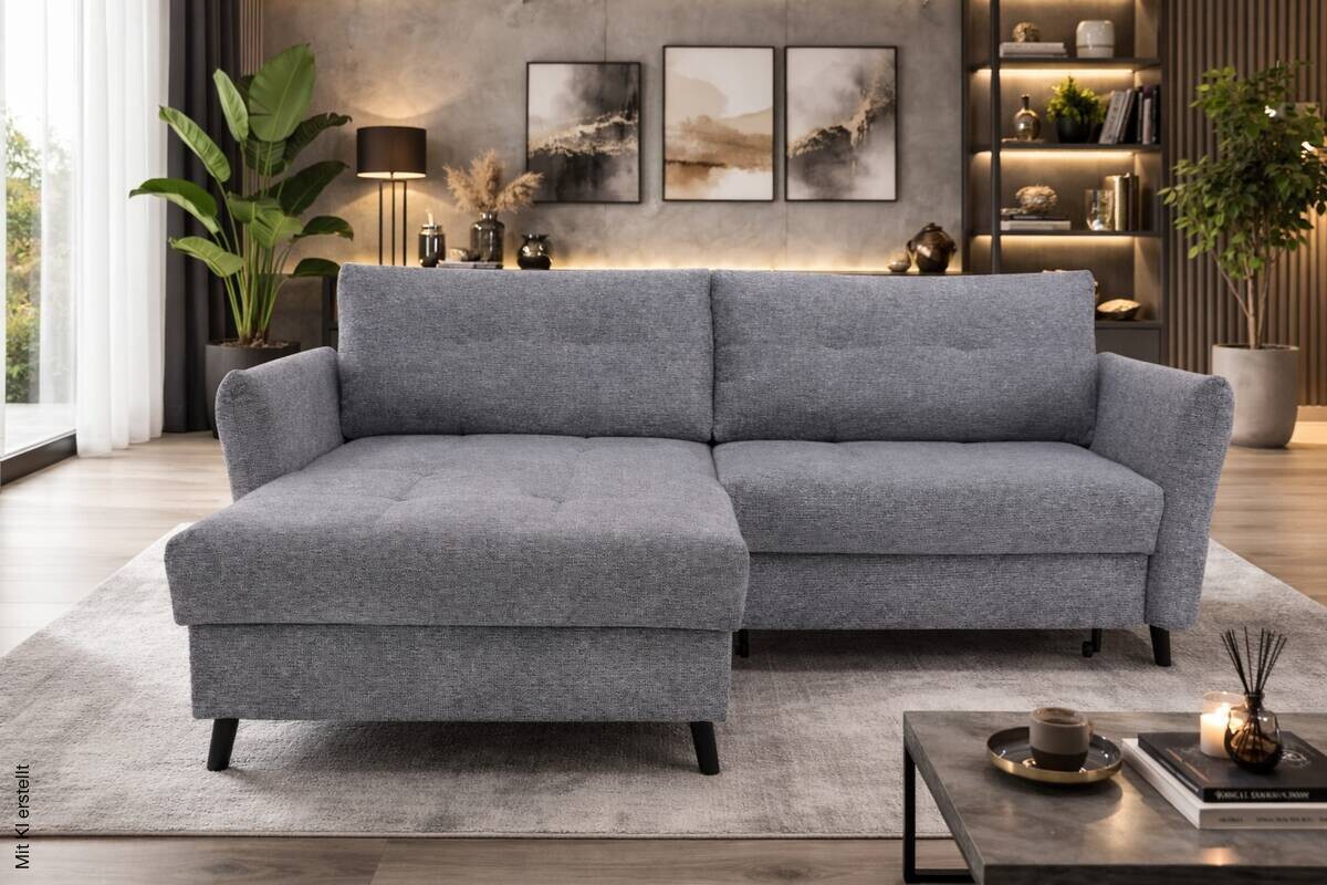 Ecksofa mit Bettfunktion und Bettkasten grau Microfaser B/H/T: ca. 235x90x159 cm