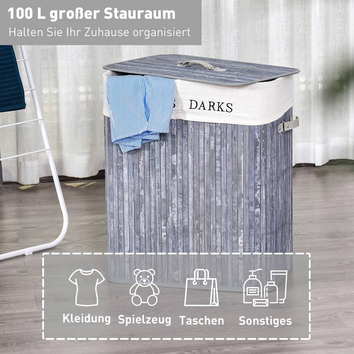 HOMCOM Wäschekorb mit 2 Tragegriffen grau Bambus Kunststoff B/H/L: ca. 32x63x52 cm