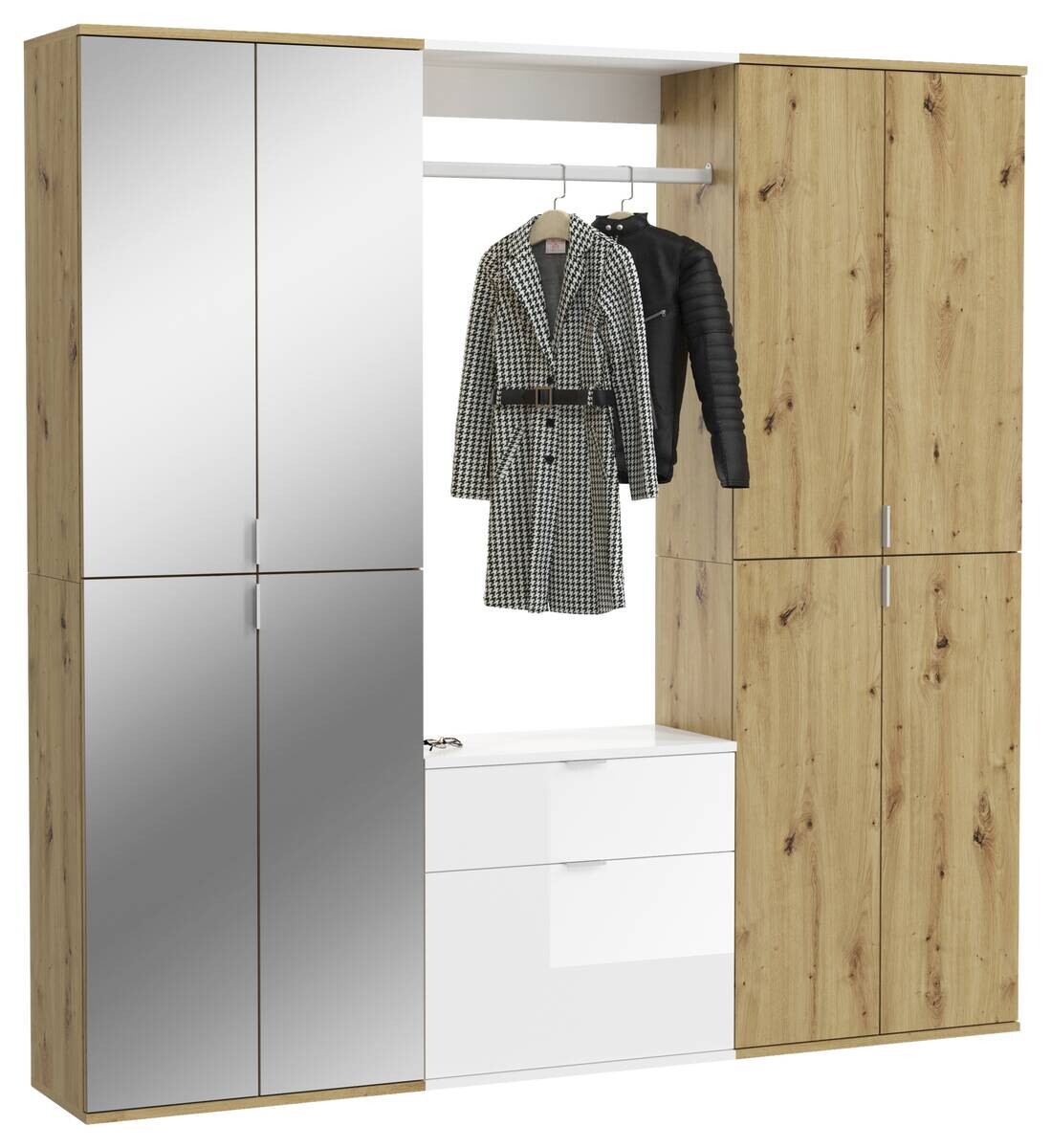 Garderobe PROJEKT Eiche Artisan Nachbildung weiß Hochglanz Spiegel B/H/T: ca. 183x193x34 cm