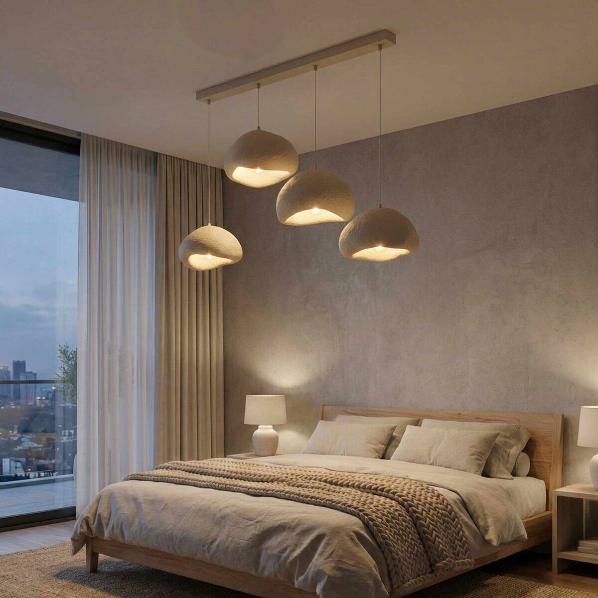 Opviq Pendelleuchte beige Fiberglas Metall B/H/T/L: ca. 154x110x46x154 cm E27 4 Brennstellen