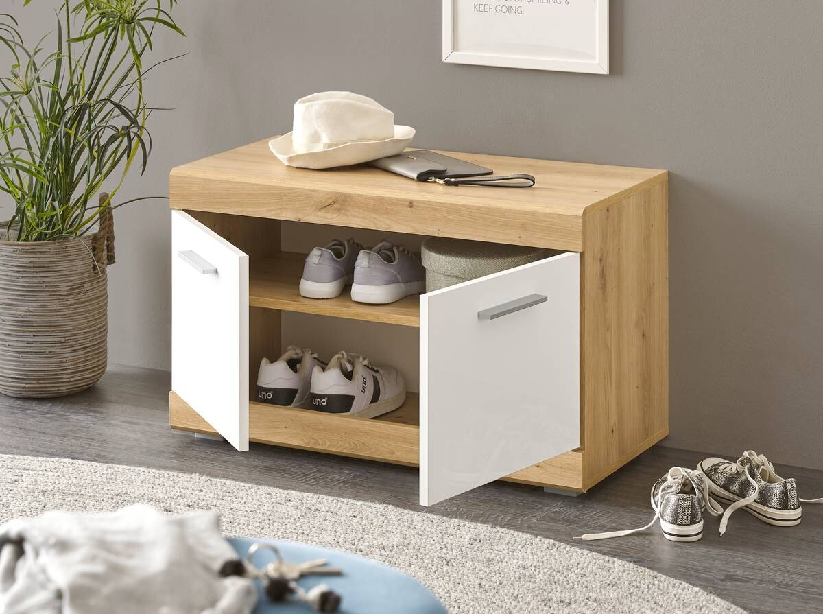 Sitzbank Nola Eiche Artisan Nachbildung weiß Hochglanz B/H/T: ca. 80x49x38 cm