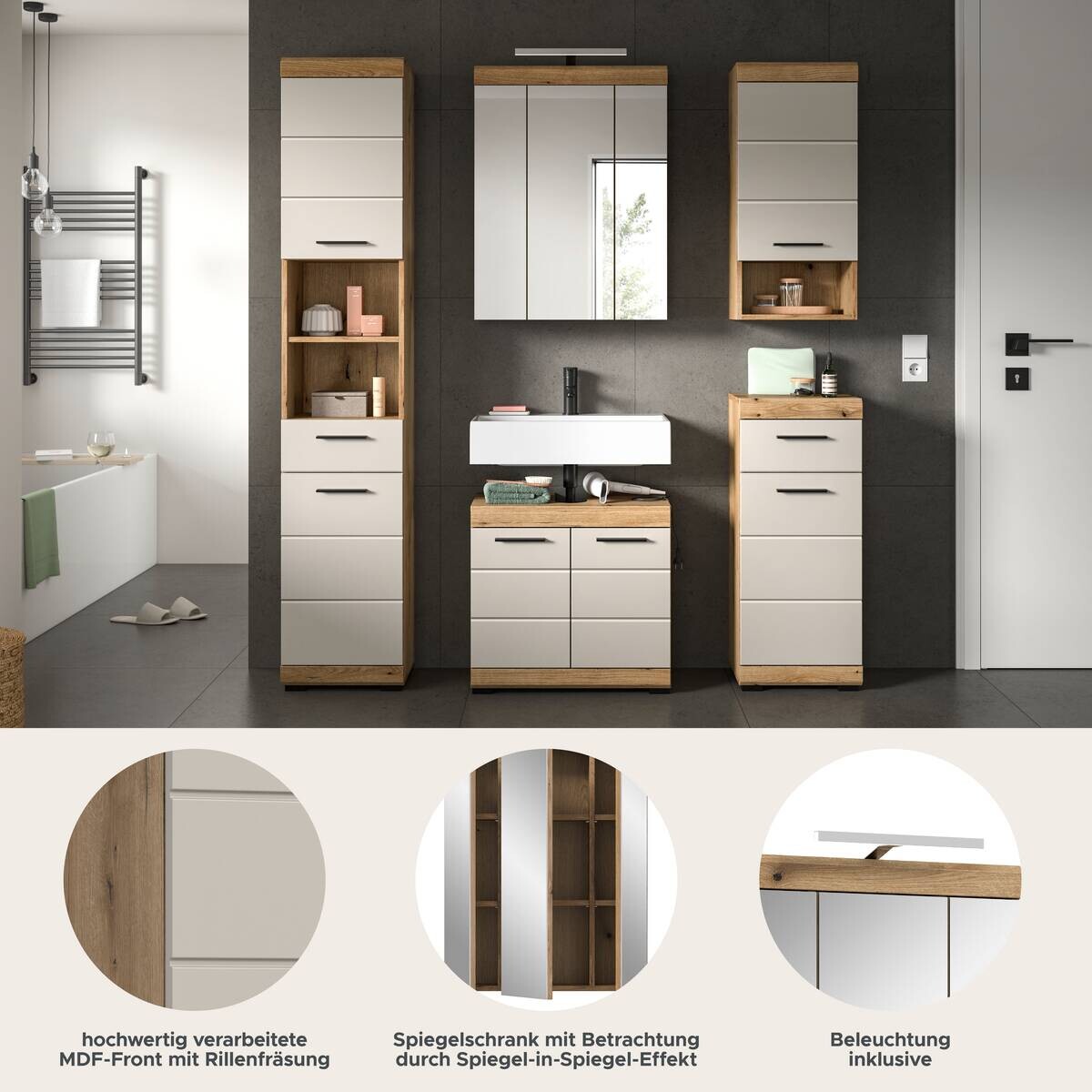 Badezimmer-Set Scout Evoke Oak Nachbildung Kaschmirgrau Nachbildung B/H/T: ca. 164x191x34 cm