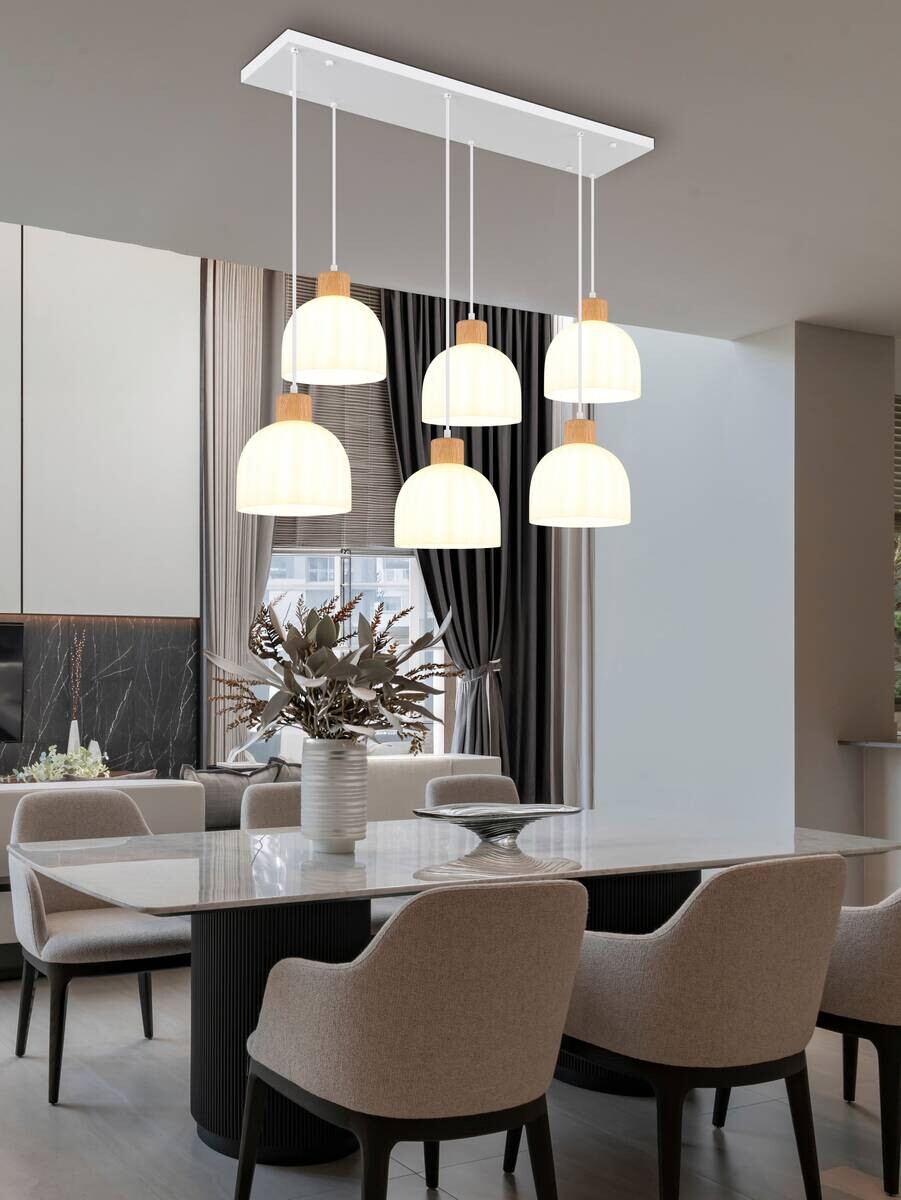 GLOBO Pendelleuchte weiß Opal Glas Metall B/H/T: ca. 36x120x105 cm E27 6 Brennstellen
