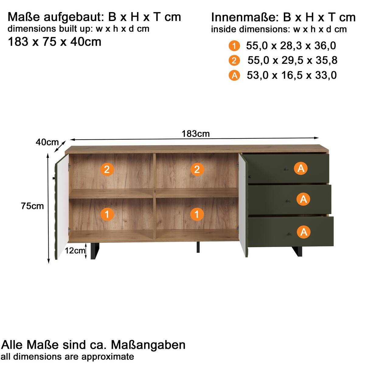 Sideboard Sentra Eiche Artisan Nachbildung grün dunkel B/H/T: ca. 183x75x40 cm