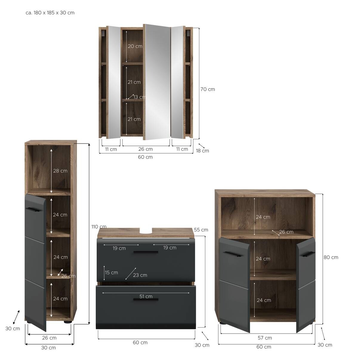 Badezimmer-Set Ice Nox Oak Nachbildung schwarz matt B/H/T: ca. 180x185x30 cm