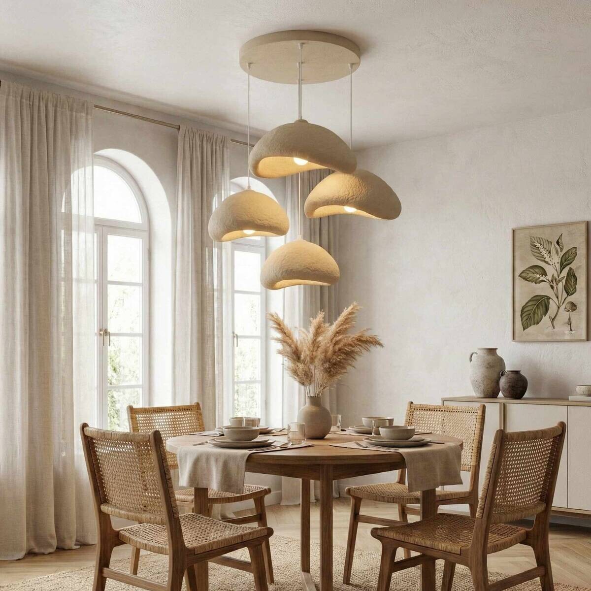 Opviq Pendelleuchte beige Metall Fiberglas B/H/T/L/D: ca. 90x110x90x90x90 cm E27 4 Brennstellen