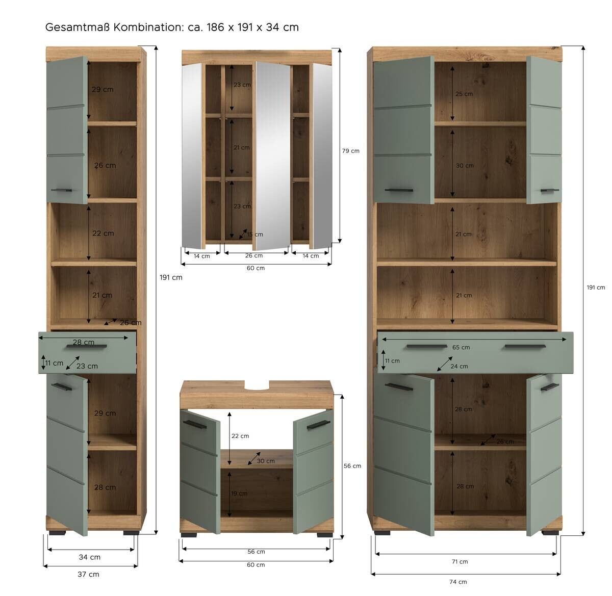 Badezimmer-Set Scout Eiche Artisan Nachbildung salbei Nachbildung B/H/T: ca. 186x191x34 cm