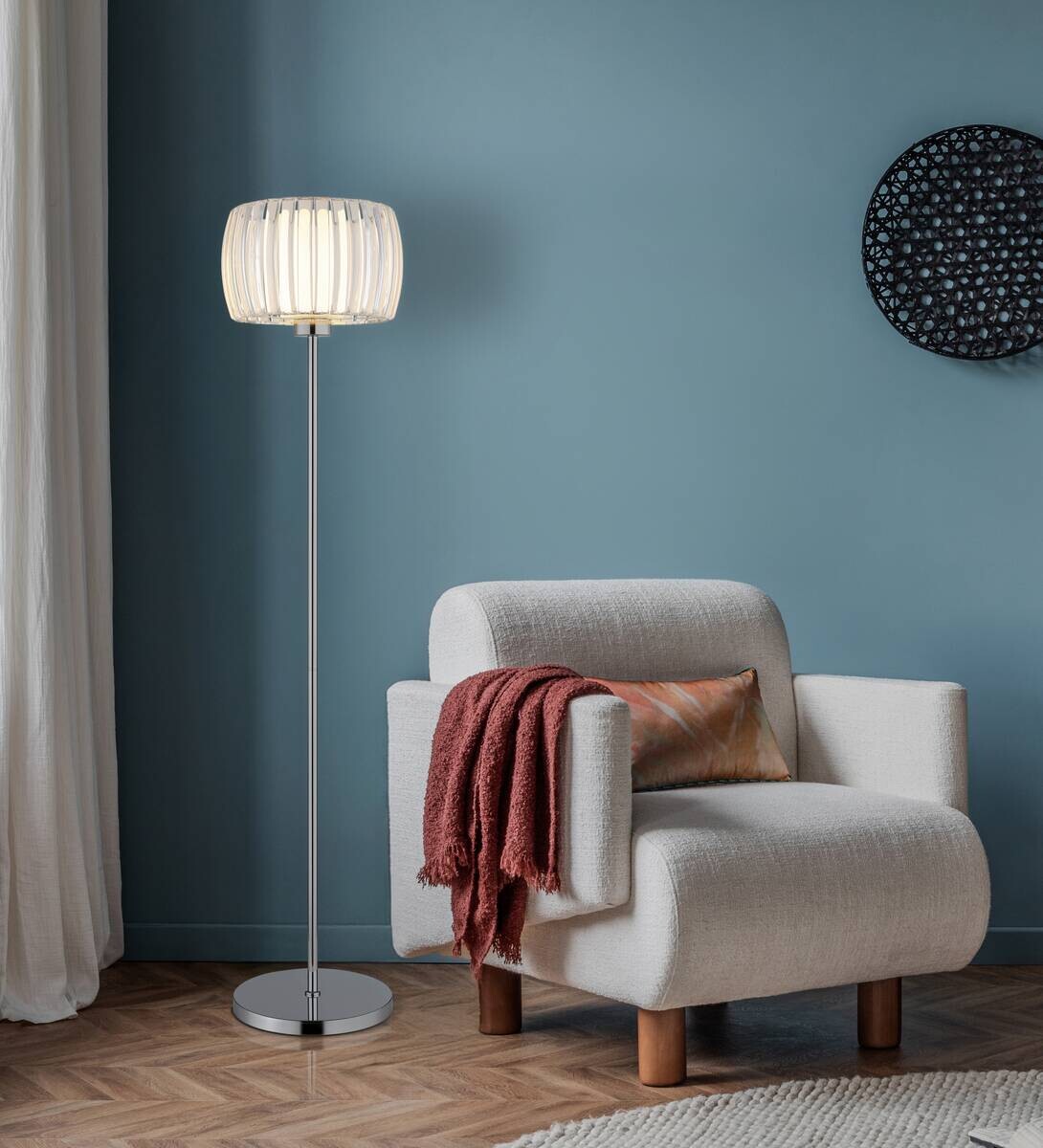 GLOBO Stehleuchte Chrom Opal schwarz Glas Textil Metall H/D: ca. 150x32,5 cm E27 1 Brennstellen