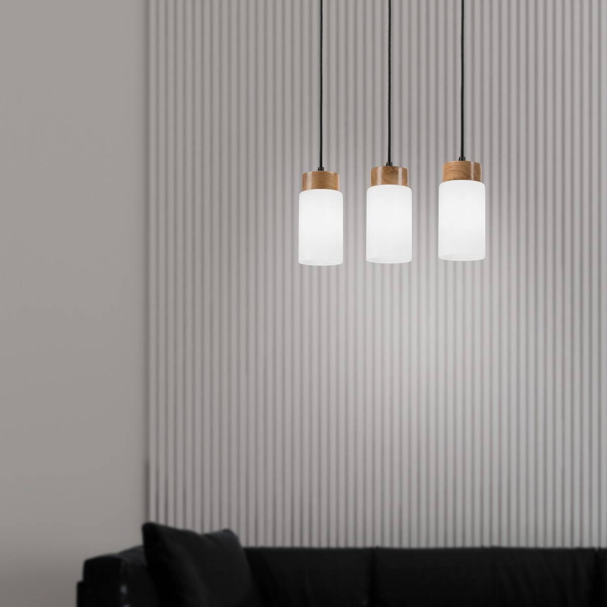 Lamkur Hängeleuchte Marcus schwarz Glas Stahl Holz B/H/L: ca. 65x20x20 cm E27 3 Brennstellen