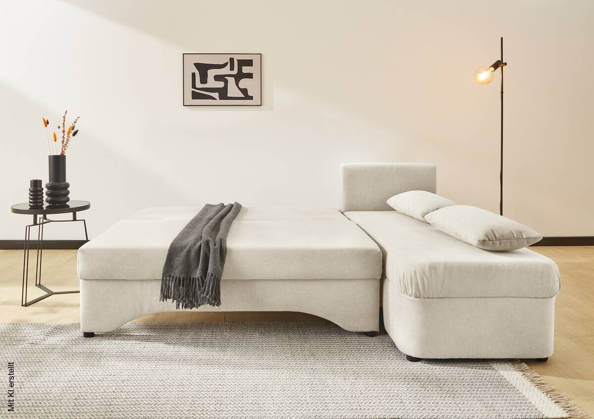 Ecksofa mit Bettfunktion und Bettkasten creme Microfaser B/H/T: ca. 191x70x142 cm