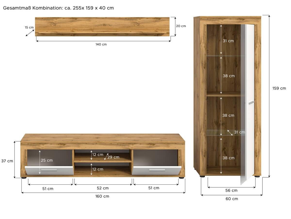 Wohnwand Jam Eiche Wotan Nachbildung weiß B/H/T: ca. 235x159x35 cm