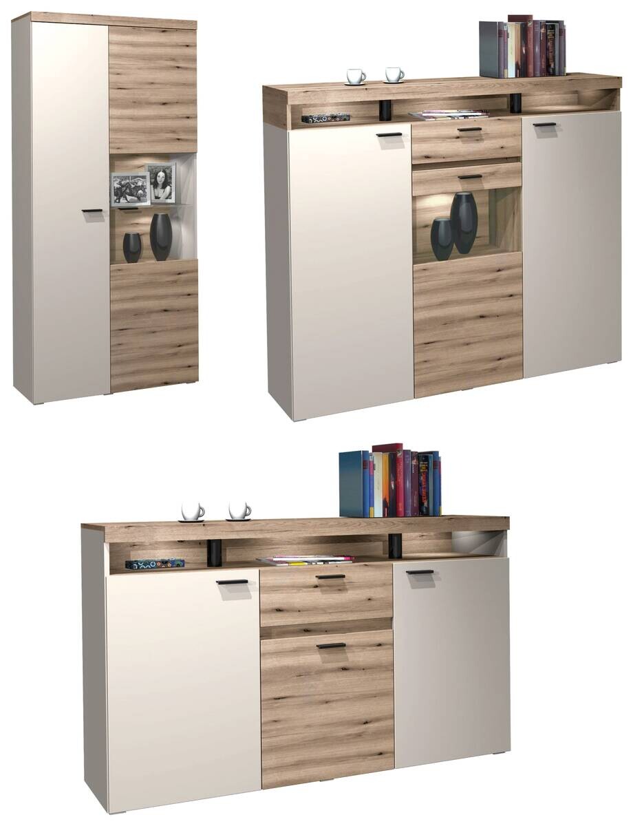 Highboard Strada weiß Eiche Viking Optik Spanplatte B/H/T: ca. 151x129x37 cm