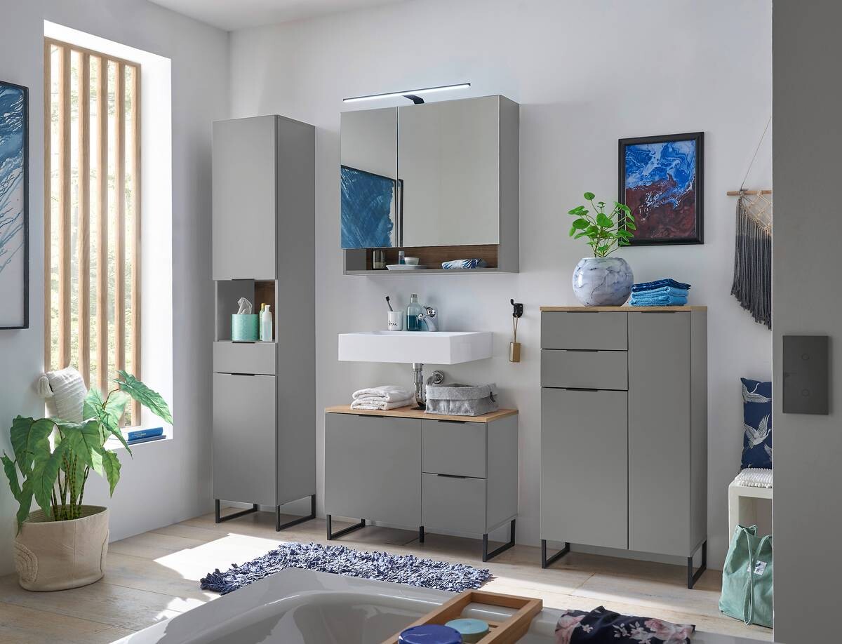 Waschbeckenunterschrank Denver grau matt Eiche Evoke Coast Nachbildung B/H/T: ca. 80x60x35 cm