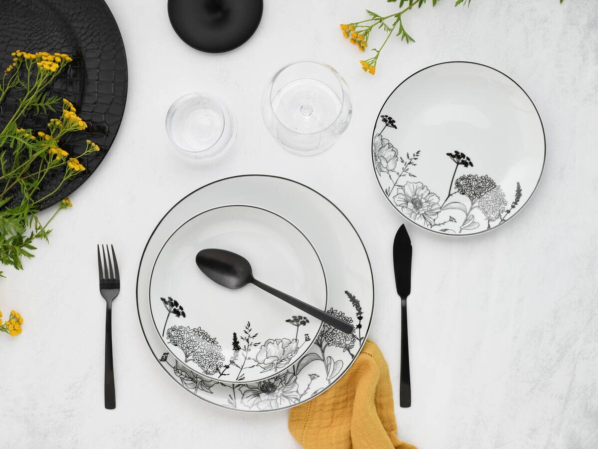 CreaTable Tafelservice Luna Black Flower weiß Porzellan 18 tlg.