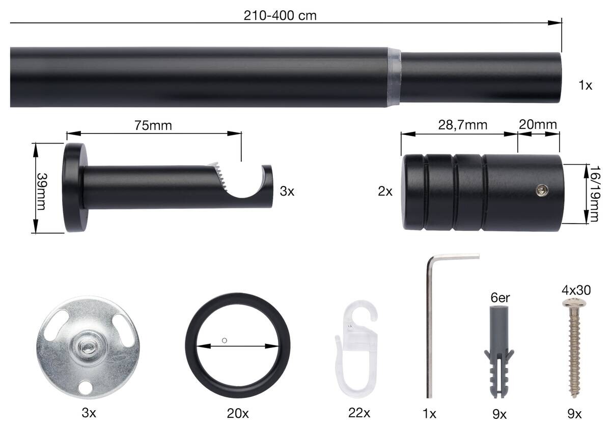 ondeco Stilgarnituren rillcube schwarz Metall ausziehbar von ca. 210 bis 400 cm 1.0 Läufe