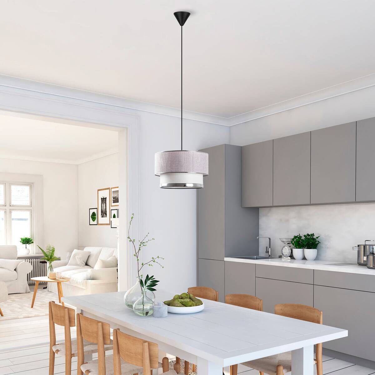 Opviq Pendelleuchte Cake grau silber Metall Baumwolle B/H/L: ca. 30x65x30 cm E27 1 Brennstellen