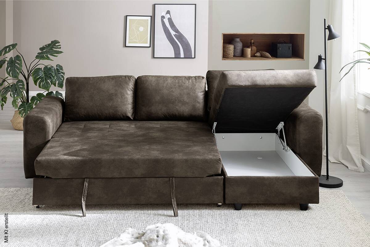 Ecksofa mit Bettfunktion und Bettkasten dunkelbraun B/H/T: ca. 245x85x155 cm