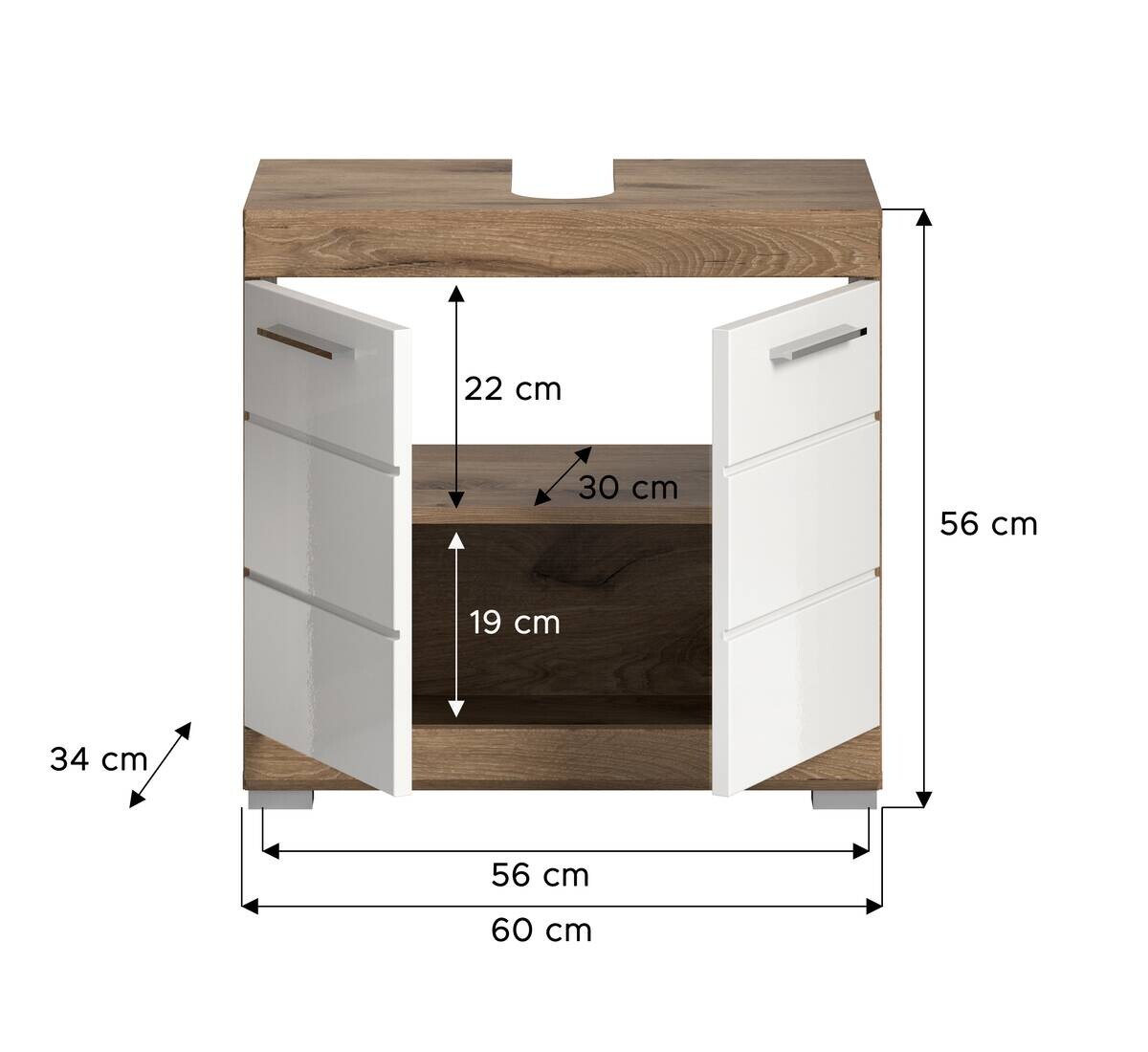 Waschbeckenunterschrank Wave Oak Nachbildung weiß Hochglanz B/H/T: ca. 60x56x34 cm