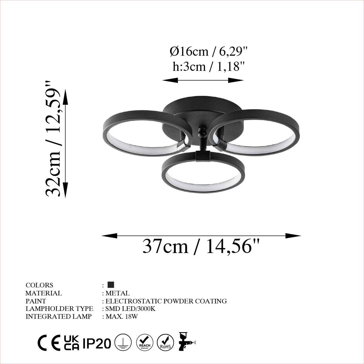 Opviq LED-Deckenleuchte schwarz B/H/T: ca. 37x9x32 cm