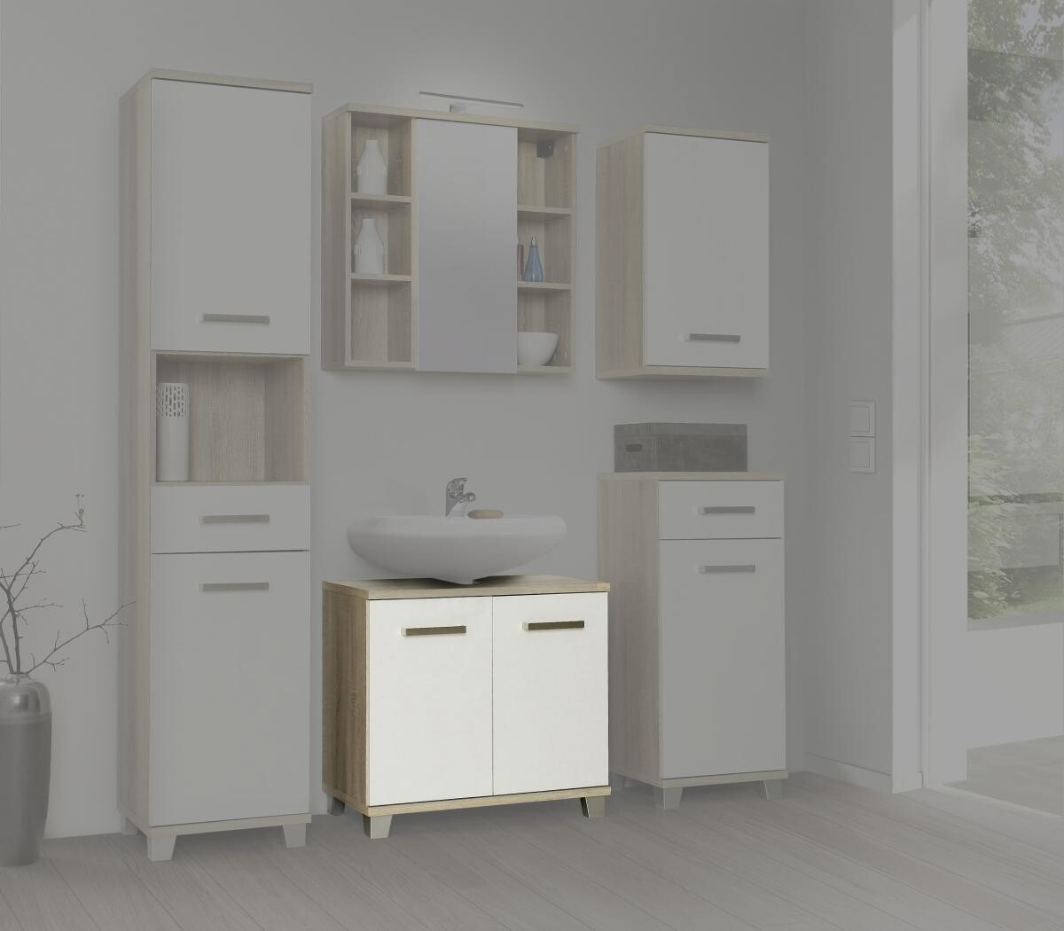 Waschbeckenunterschrank Eiche Sonoma Nachbildung weiß Hochglanz B/H/T: ca. 68,6x62x34,8 cm