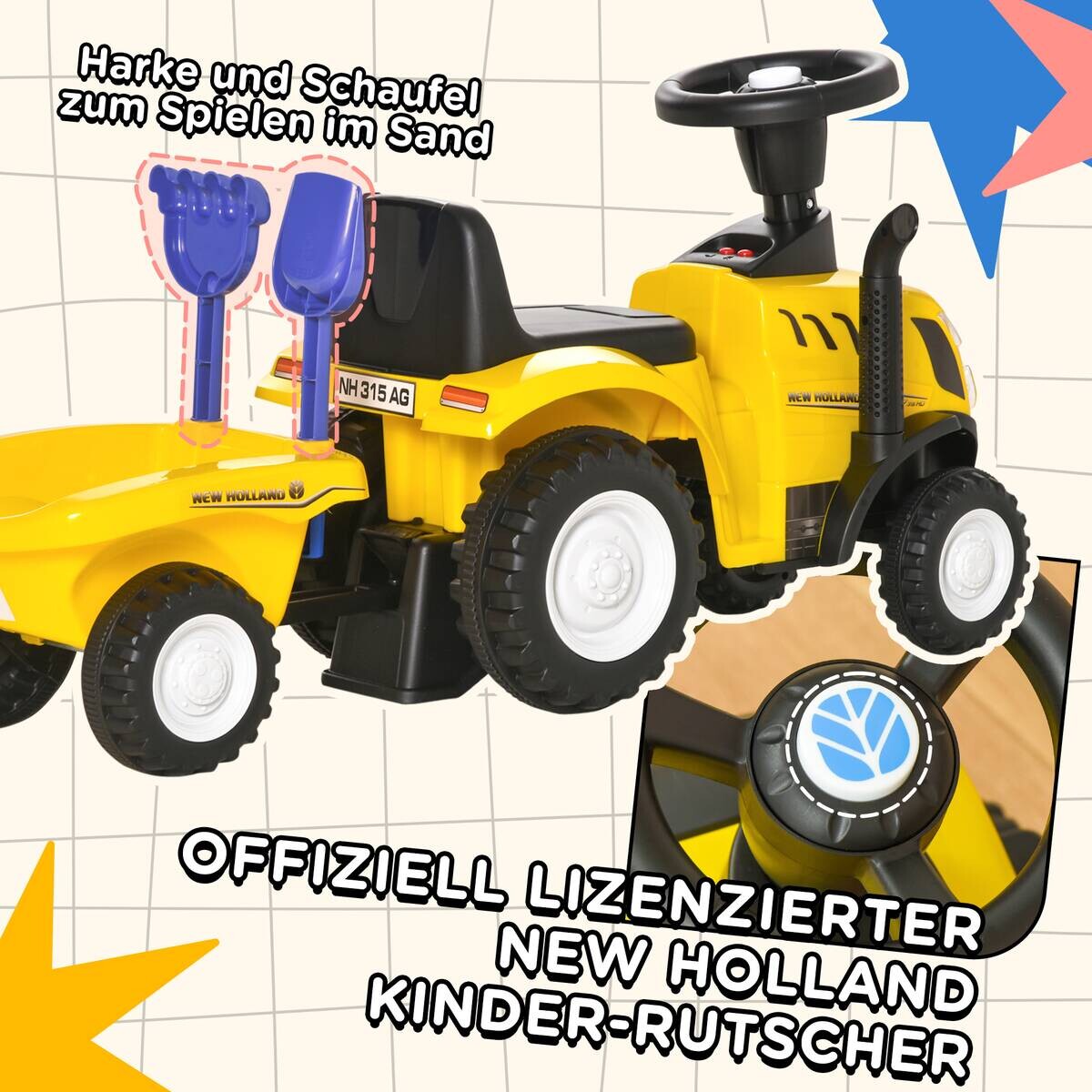 HOMCOM Rutschauto Tettraktor gelb B/H/L: ca. 29x91x44 cm