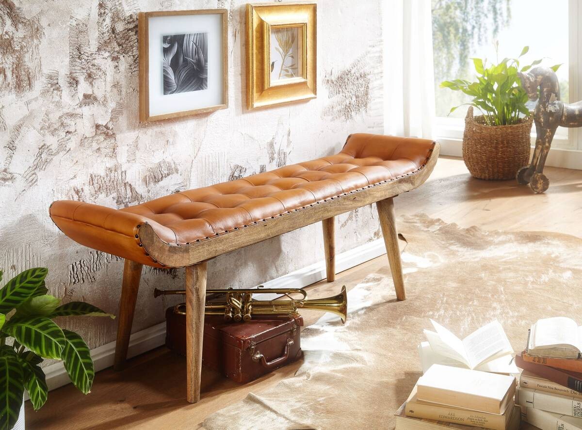 Wohnling Sitzbank braun natur Leder Echtholz B/H/T: ca. 125x50x38 cm