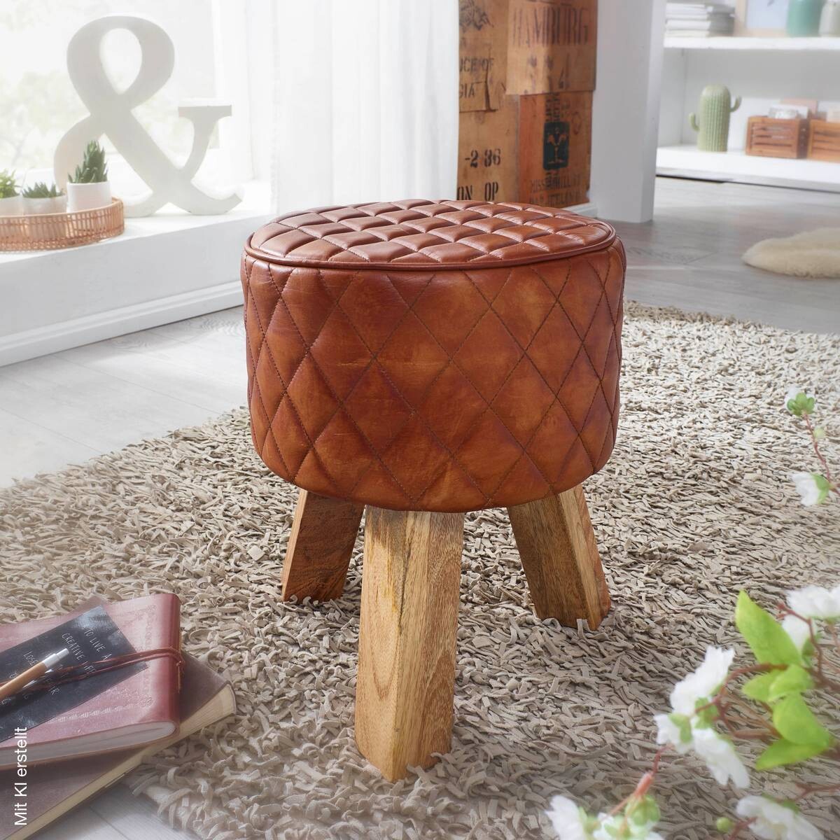 Wohnling Sitzhocker braun natur Leder Echtholz B/H/T: ca. 35x46x35 cm