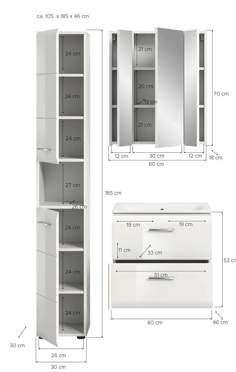Badezimmer-Set Ice weiß weiß Hochglanz B/H/T: ca. 105x185x46 cm