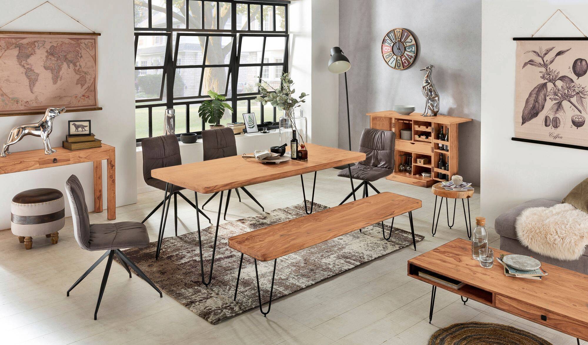 Wohnling Sitzbank natur schwarz Akazie Metall B/H/T: ca. 160x45x40 cm