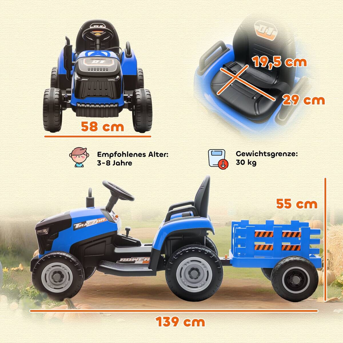 AIYAPLAY Elektrischer Traktor blau B/H/L: ca. 58x55x139 cm