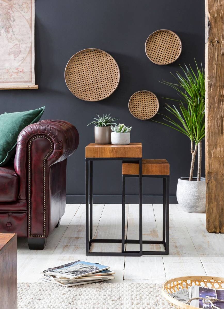 Beistelltisch 2er-Set natur schwarz lackiert Echtholz Eisen