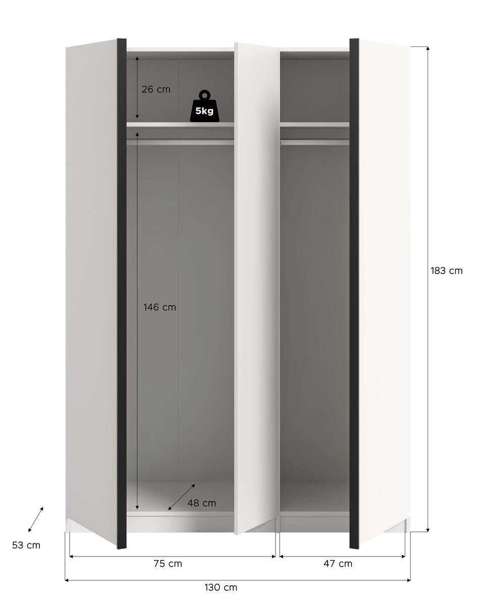Kleiderschrank OAKLAND weiß B/H/T: ca. 130x183x53 cm
