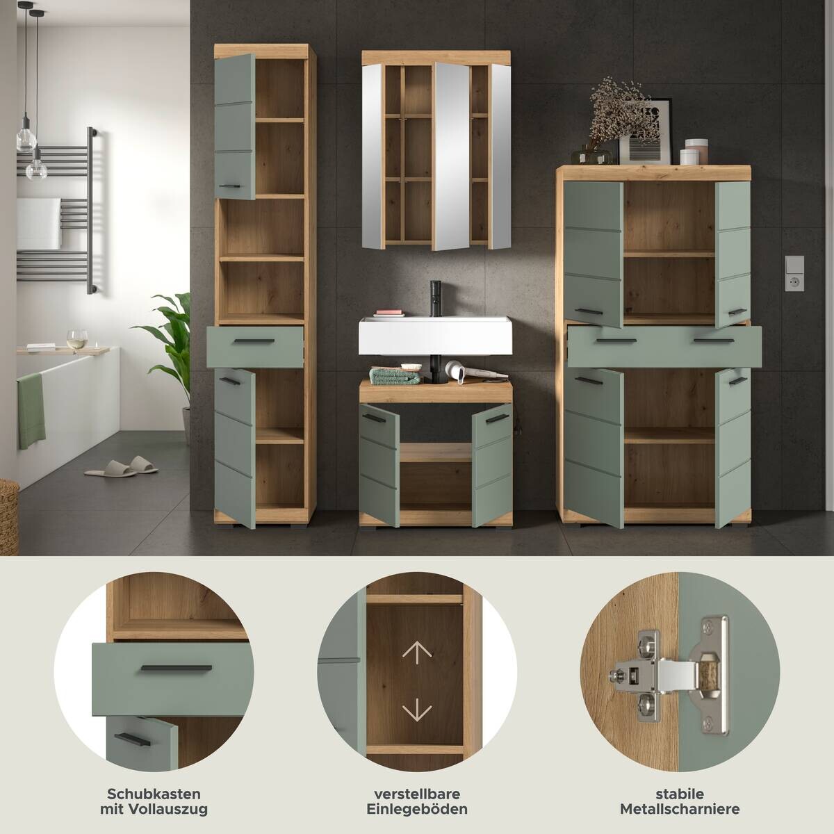 Badezimmer-Set Scout Eiche Artisan Nachbildung salbei Nachbildung B/H/T: ca. 186x191x34 cm