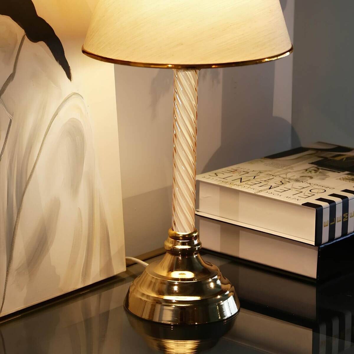 Opviq Tischleuchte beige gold Kunststoff Stoff B/H/L: ca. 22x45x22 cm E27 1 Brennstellen