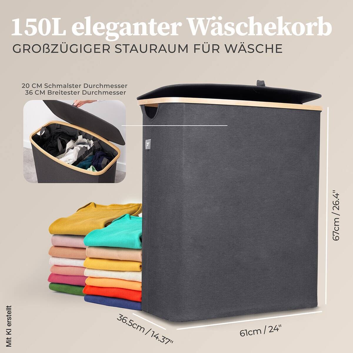 Wäschekorb dunkelgrau Kunststoff B/H/L: ca. 36,5x67x61 cm